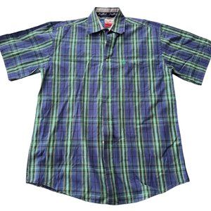 George Strait Wrangler Men's Large Blue Green Plaid Short Sleeve Button Up‎ | H1